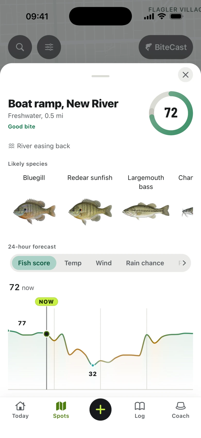 A BiteCast spot detail screen for a boat ramp on the New River: a score of 72, the species likely to be there, and the score curve for the next 24 hours.