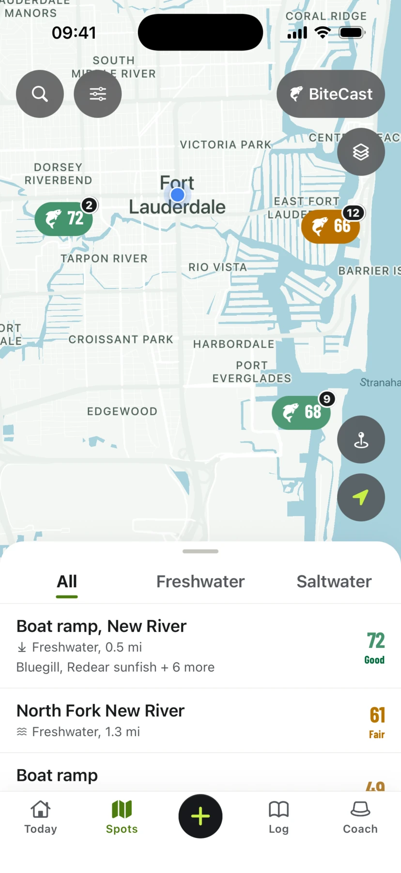 The BiteCast map around Fort Lauderdale with scored pins on the water and a ranked list of nearby spots below it.